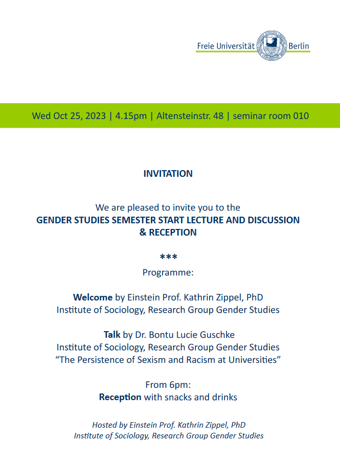 	 Invitation Talk Bontu Guschke Wed Oct 25, 2023 | 4.15pm | Altensteinstr. 48 | seminar room 010